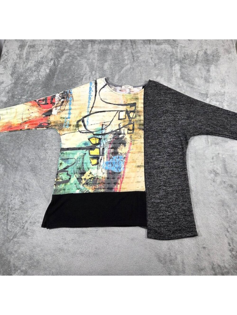 Jess & Jane Top Medium Gray Colorblock Abstract Artsy Oversized Lagenlook Tunic